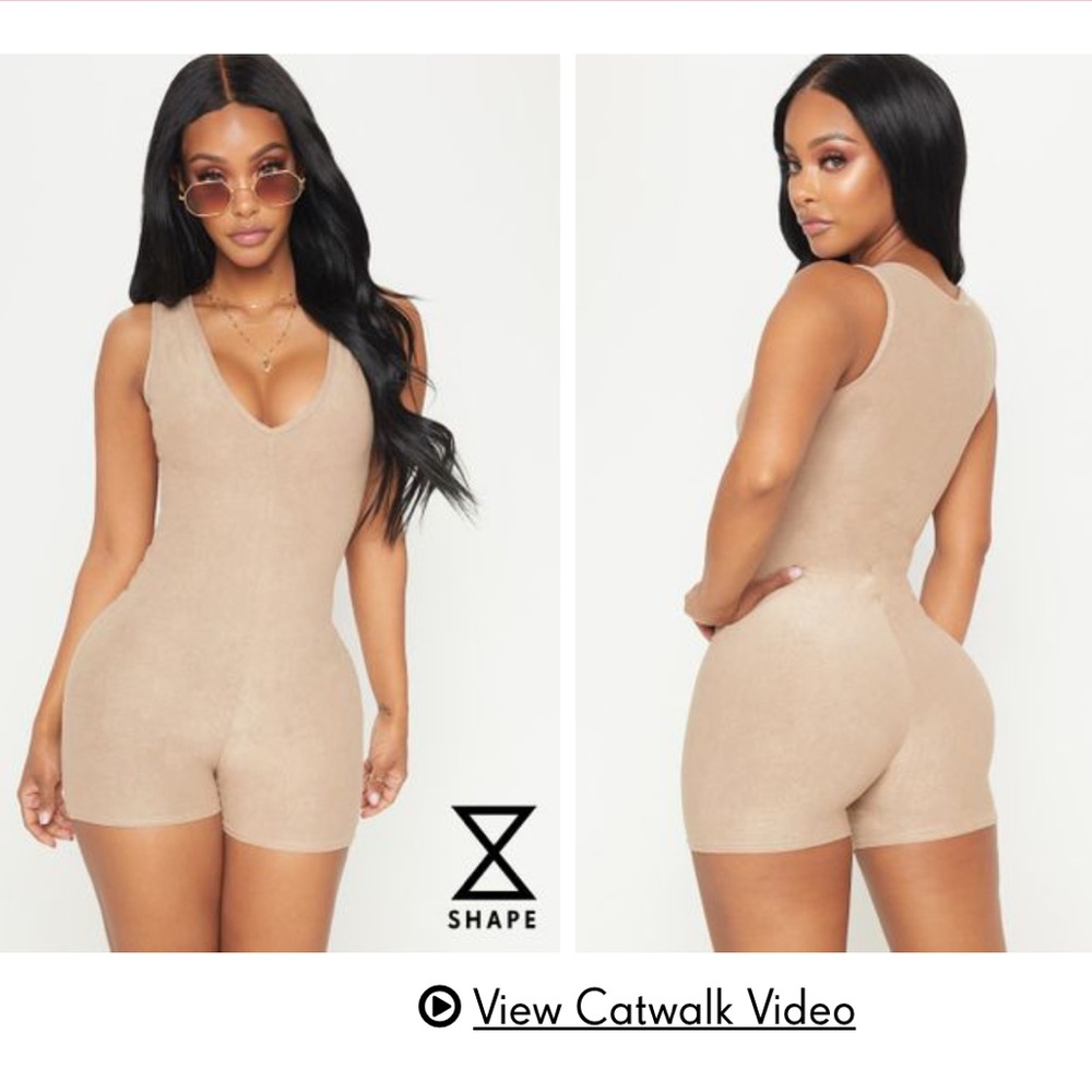 Tan Faux Suede Plunge Playsuit/Unitard